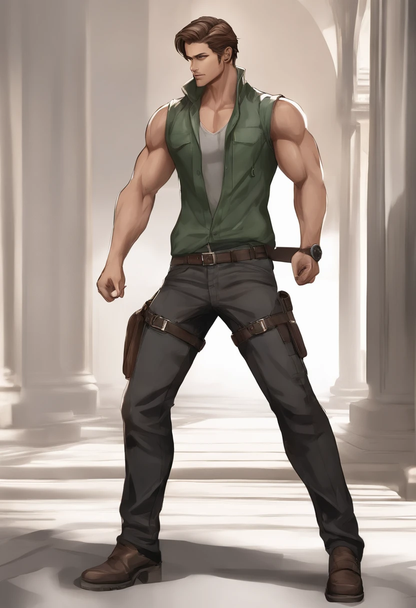 personagem ANIME homem, corpo inteiro, Standing, forte, longos cabelos loiros, ((design sketches)), (master part), extremamente detalhado, (projeto original reservado), (random poses), Leader, (Exclusive accessories), (garments, colete verde, jeans), (rosto barbudo) profissionalmente retocado, fundo branco, (macho: 1.1) artes marciais, parkour (Caucus clothes jeans r: 0.8), (sujo: 1.1), (movimento: 0.8), (jovem: 1.3), (carreira: 0.6) (Conceito Silent Hill) (conceito de resident evil)