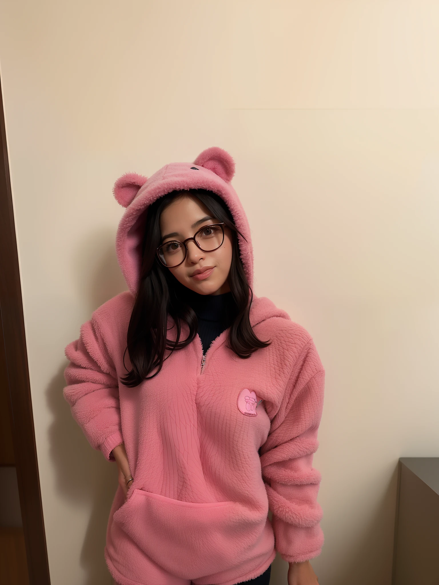 Arafed woman in a pink teddy bear hoodie and glasses, usando um capuz rosa, usando um capuz rosa pastel, vestindo um pescador 🧥, Madeline, Celeste, vestindo uma fantasia de coelho rosa, imagem de qualidade muito baixa, usando um capuz oversized, usando pijama, vestindo um terno de coelho, menina vestindo capuz, usando um pijama folgado, foto de perfil