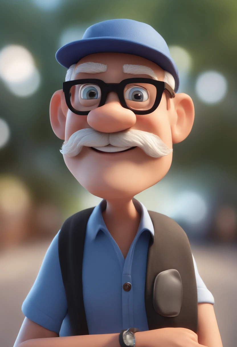 Cartoon character of an elderly man with young style wearing black glasses, blue cap, camisa branca, animation character, animation style rendering, 3D estilizado, emprestar, 3 d prestaização estilizada, Keyshot de Prestarização Show, Personagem 3D, Personagem 3D, 3d rendering stylized, 3 d character render, personagem de desenho animado, Pose de personagem, (Estilo Pixar) (master part:1.3) (Bokeh) (melhor qualidade) (pele detalhada) (specific texture) (8k) (cinematic lighthing) (foco nítido)