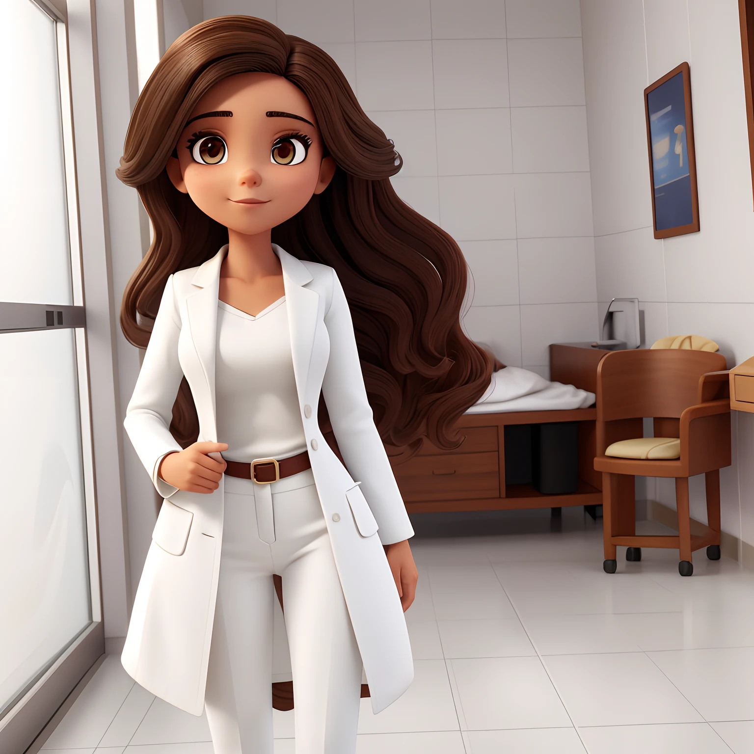 Mulher branca, cabelos cor preta e cacheados, rosto bonito e bochechas sobressaltas, medium-sized brown eyes, Beautiful body and dressed in white coat and white pants, fundo de um hospital com uma maca