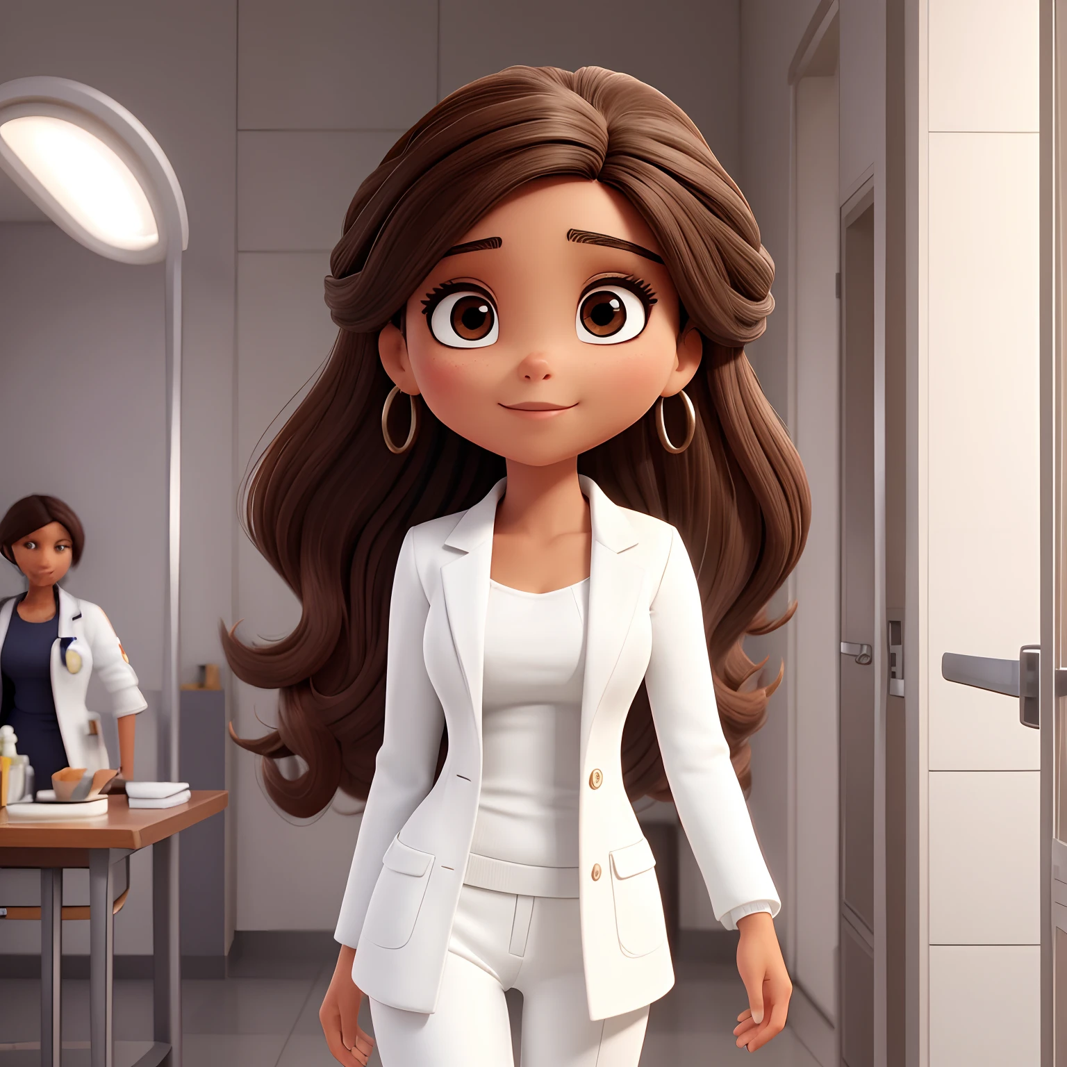 Mulher branca, cabelos cor preta e cacheados, rosto bonito e bochechas sobressaltas, medium-sized brown eyes, Beautiful body and dressed in white coat and white pants, fundo de um hospital com uma maca