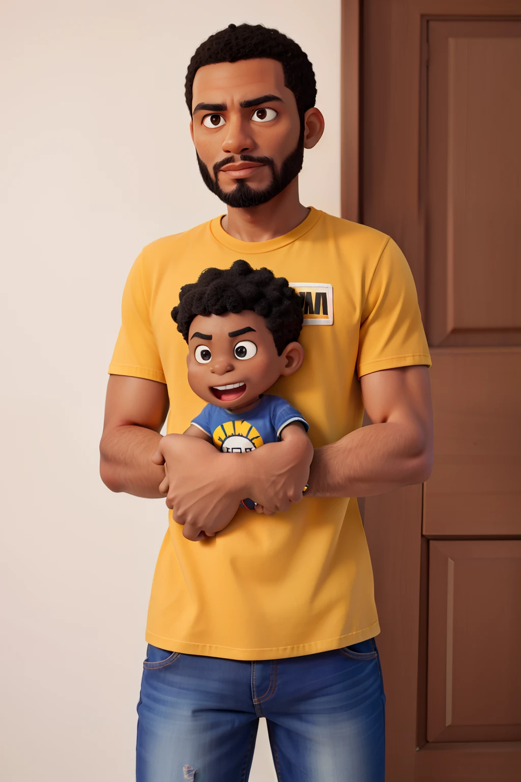 black hair, arms crossed and smiling, with a shirt without a pattern, symmetrical eyes