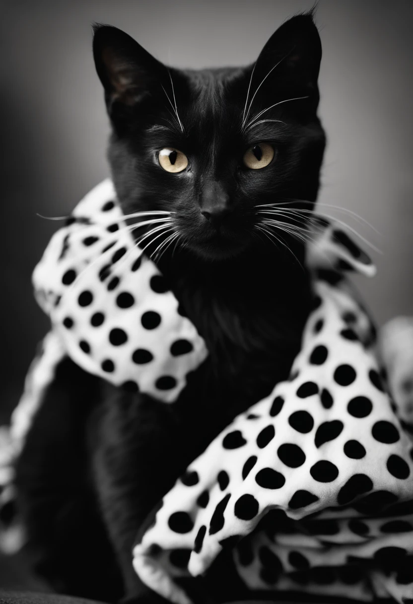 black and white spotty cat dressed like a baby