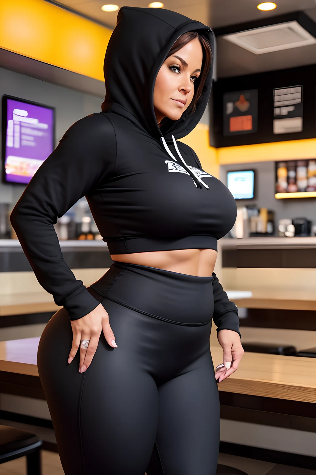 42-year-old woman in tight leggings and a hoodie standing in a fast food restaurant, thicc, toned derriere, black leggings, leggings, black spandex, thick thigs, black extremely tight jeans, black leggings, big booty, plus size body, apple body shape, (wide hips), wearing black tight clothing,