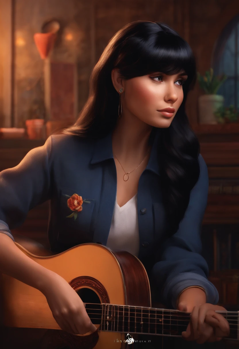 A singer with straight black hair bangs looking at a dream project inspired by Pixar animation, de perto. The character takes center stage with captivating expressions