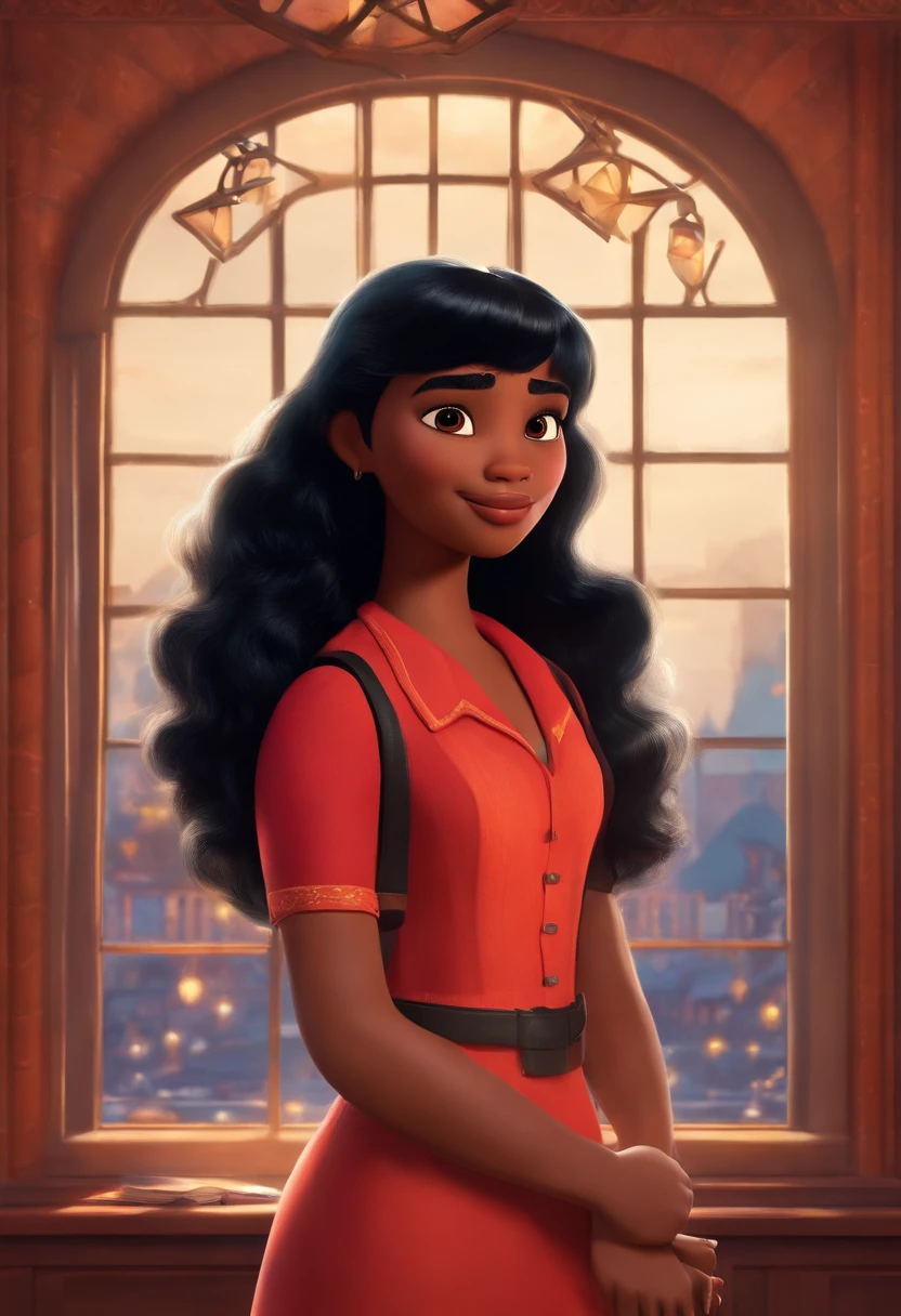 A singer with straight black hair bangs looking at a dream project inspired by Pixar animation, de perto. The character takes center stage with captivating expressions