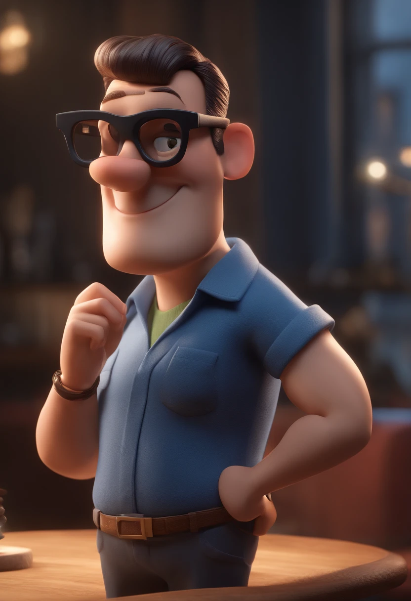 Cartoon character of a man with black glasses and a blue shirt, animation character, Caractere estilizado, animation style rendering, 3D estilizado, Arnold Maya render, 3 d render stylized, toon render keyshot, Personagem 3D, Personagem 3D, 3d rendering stylized, 3 d character render, personagem de desenho animado, Personagem de close up, Pose de personagem, (Estilo Pixar) (master part:1.2) (Bokeh) (best quality) (pele detalhada) (textura detalhada) (8k) (argila) (Cinematic lighting) (foco nítido