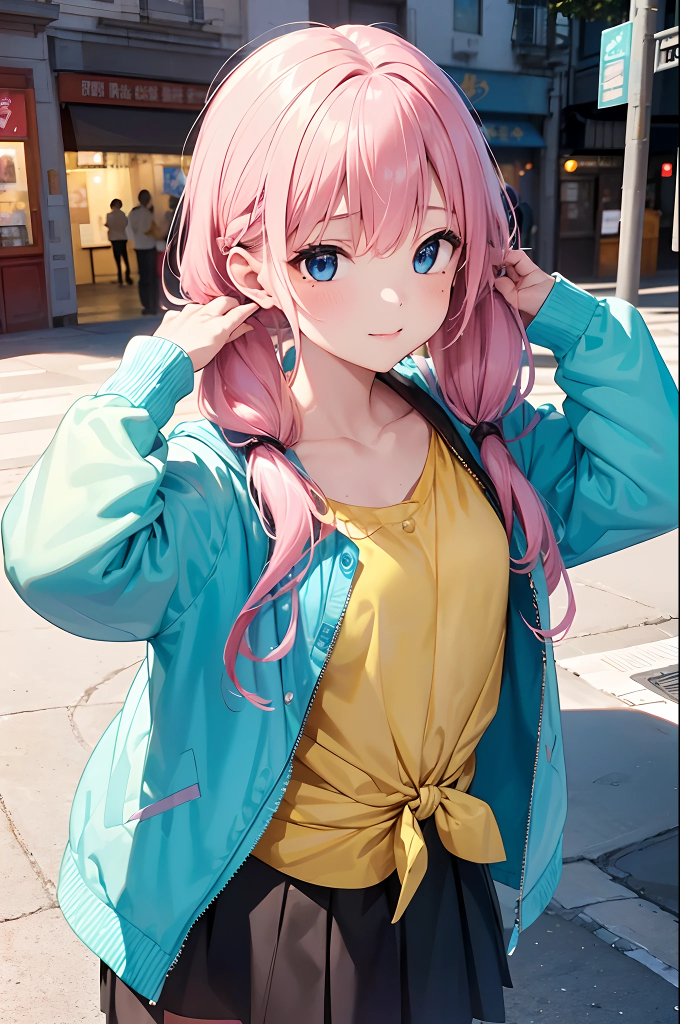 (Girl with a nasty appearance:1.3)、(Daytime:1.5)、(and chest:1.4)、Raw photography, top-quality, hight resolution, (masterpiece), (Photorealsitic:1.4), (Mole under the eyes),Anime Cosplay, foco nítido, nffsw, 8K分辨率, intricate detailes, depth of fields, the Extremely Detailed CG Unity 8K Wallpapers, front lit, femele,25-years old、 Happy face,(tying hair:1.5)、see -through、(Medium pink hair)、blue eyess,(tourist destination:1.5)、(Yellow shirt on jacket:1.3)、(Full body depiction)、Autumn atmosphere、festival、Having a travel bag、composition