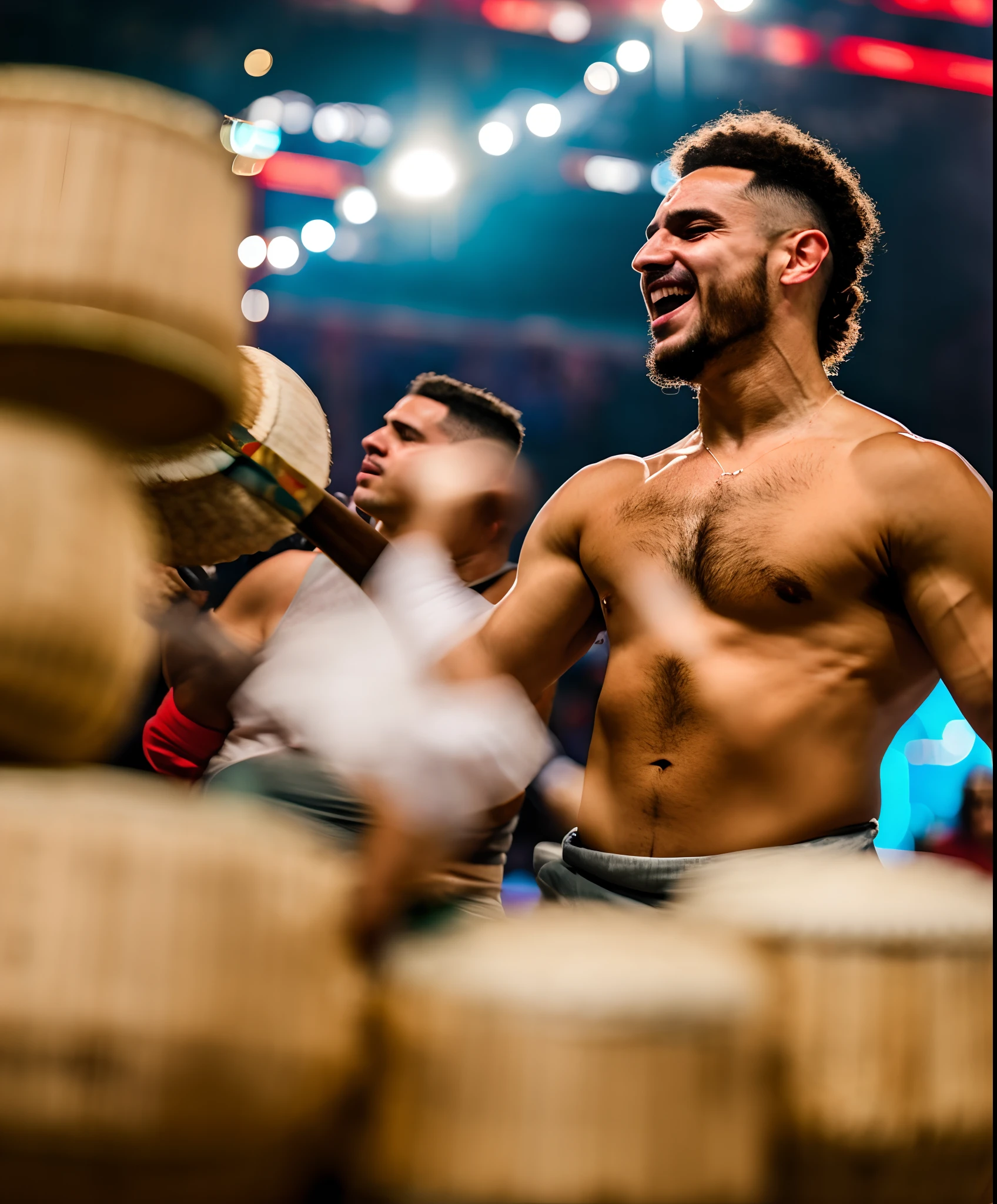 There's a man who's beating a drum in a crowd, tocando bateria, Congas, Congas reais, baterista, Directed by: Willian Murai, Djelleba, Directed by: Nandor Soldier, salvador, bateria, Carnaval de Barranquilla, in an arena pit, usando faixa presidencial, david rios ferreira, caio santos, historic moment