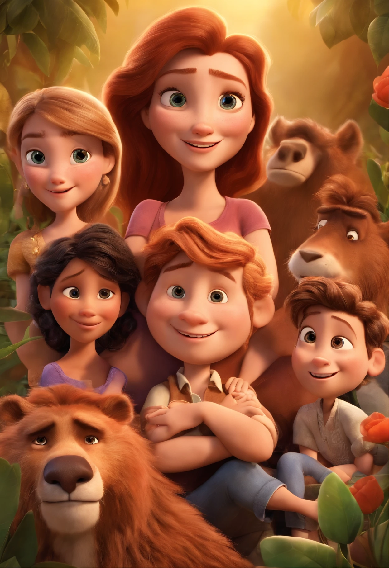 a Disney Pixar movie poster showing a white-skinned family. The father is the tallest, Tem barba curta, loiro, cabelos curtos e espinhosos. The mother has brown eyes and hair, shoulder-length and is slightly overweight. A tem 4 anos e cabelos castanhos, roupa rosa e rabos de cavalo. The background is a beach garden. 3D-rendering