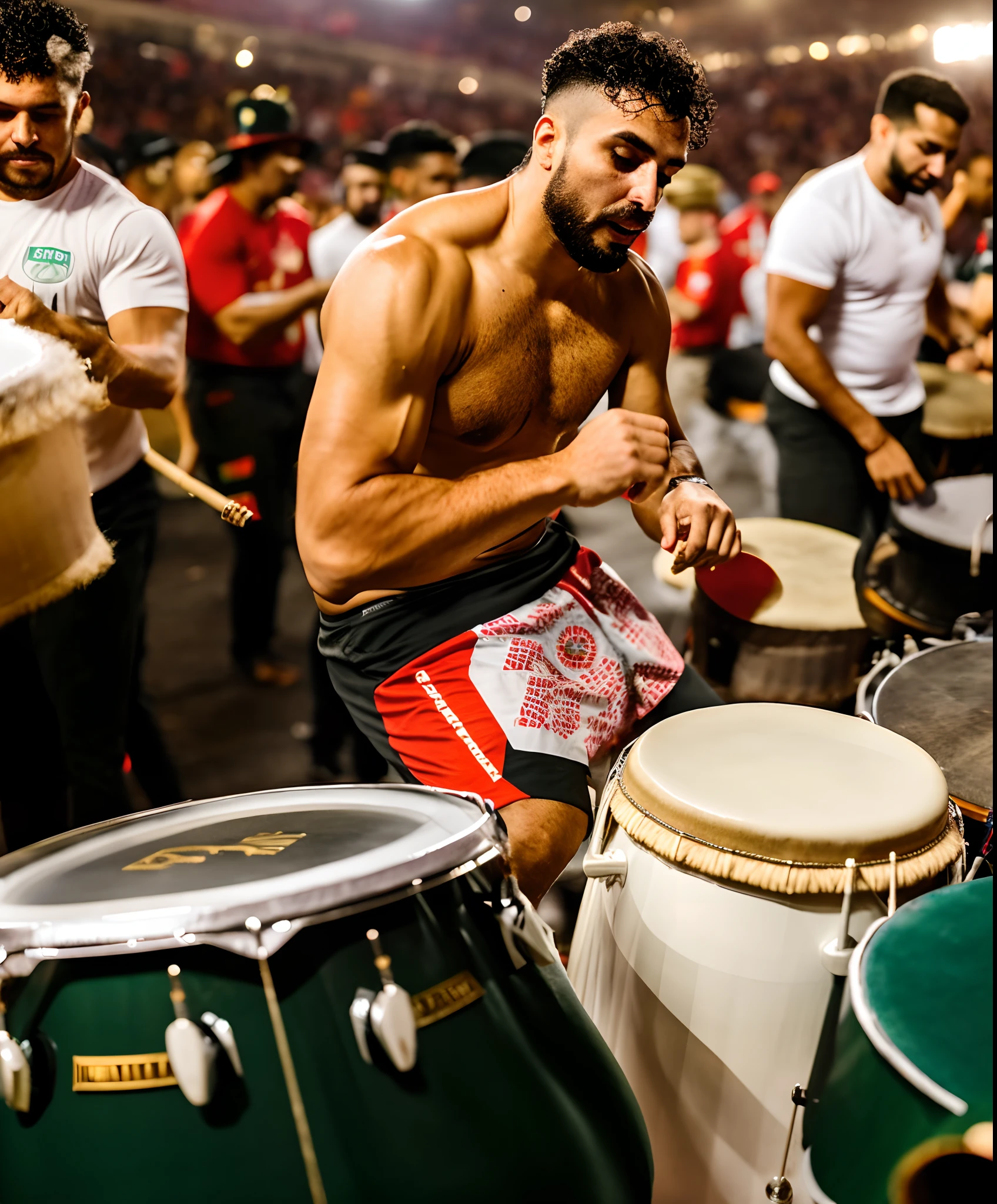 There's a man who's beating a drum in a crowd, tocando bateria, Congas, Congas reais, baterista, Directed by: Willian Murai, Djelleba, Directed by: Nandor Soldier, salvador, bateria, Carnaval de Barranquilla, in an arena pit, usando faixa presidencial, david rios ferreira, caio santos, historic moment