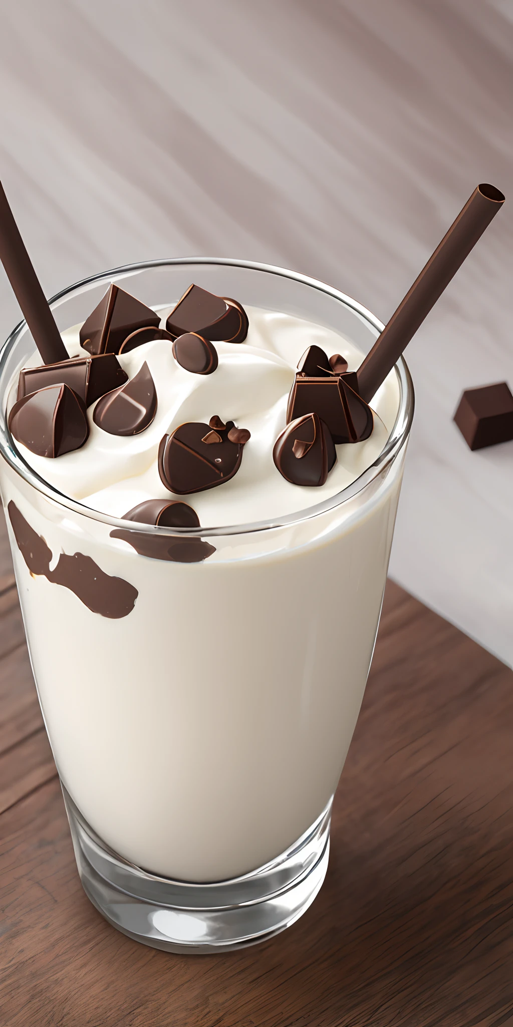 A glass of milk with chocolate and coconut pieces, with a straw, whipped cream, in white chocolate splash, hyperrealistic, 8k - - ar 9:16 --auto --s2