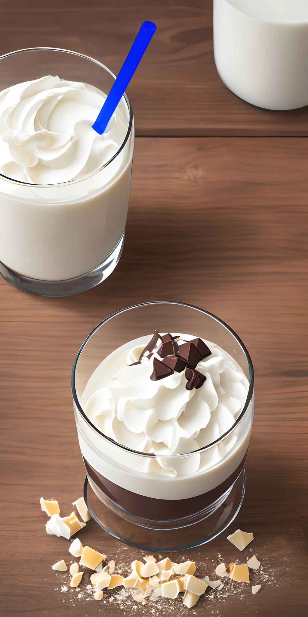 A glass of milk with chocolate and coconut pieces, with a straw, whipped cream, in white chocolate splash, hyperrealistic, 8k - - ar 9:16 --auto --s2