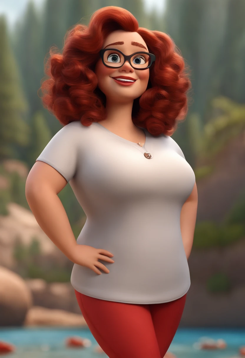 Pixar style image with 3D character glasses red white woman fat medium wavy hair light brown gray 48 years old, Maquiagem Disney,Pescador, bonitinho, sorridente ,Close-up, Pixar, Disney, Cinema lighting,