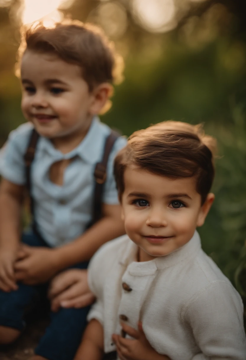 : Miguel, aproximadamente 5 anos de idade, cabelo curto estilo Disney, olhos castanhos e sorrisos. garota: Giovana, 2 anos, longos cabelos pretos e olhos azuis. scenecy: Miguel and Giovana are in a cozy little house in the valley, ao fundo um dia ensolarado, Destacando o Sol.