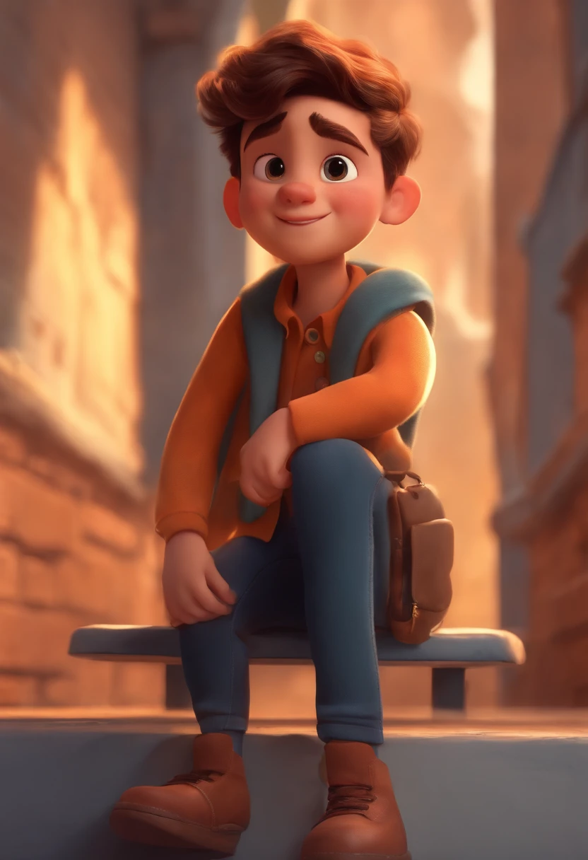 Image of a boy for a story in a YouTube video in Pixar format, He's the little allabester, He's the class leader, He's outgoing, Playful and gets up for a lot of things, cabelo curto