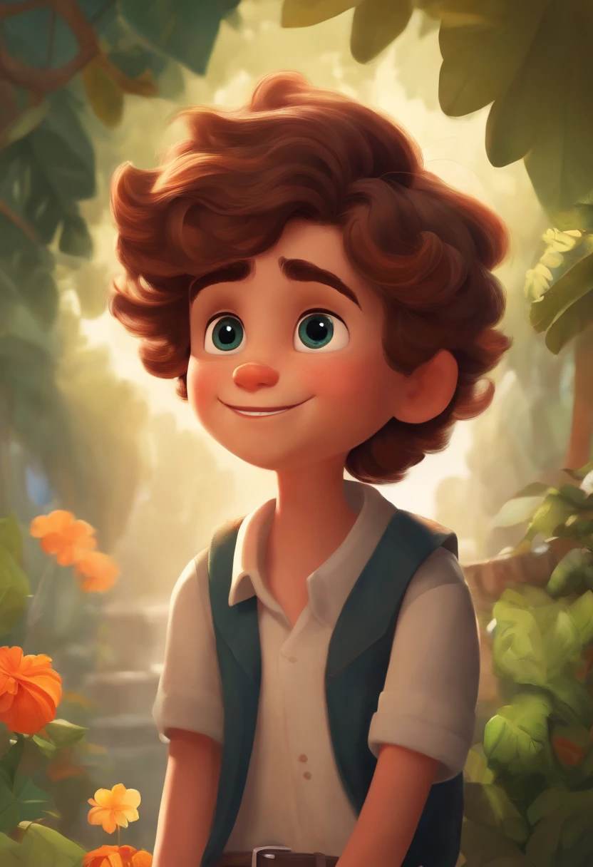 Image of a boy for a story in a YouTube video in Pixar format, He's the little allabester, He's the class leader, He's outgoing, Playful and gets up for a lot of things, cabelo curto