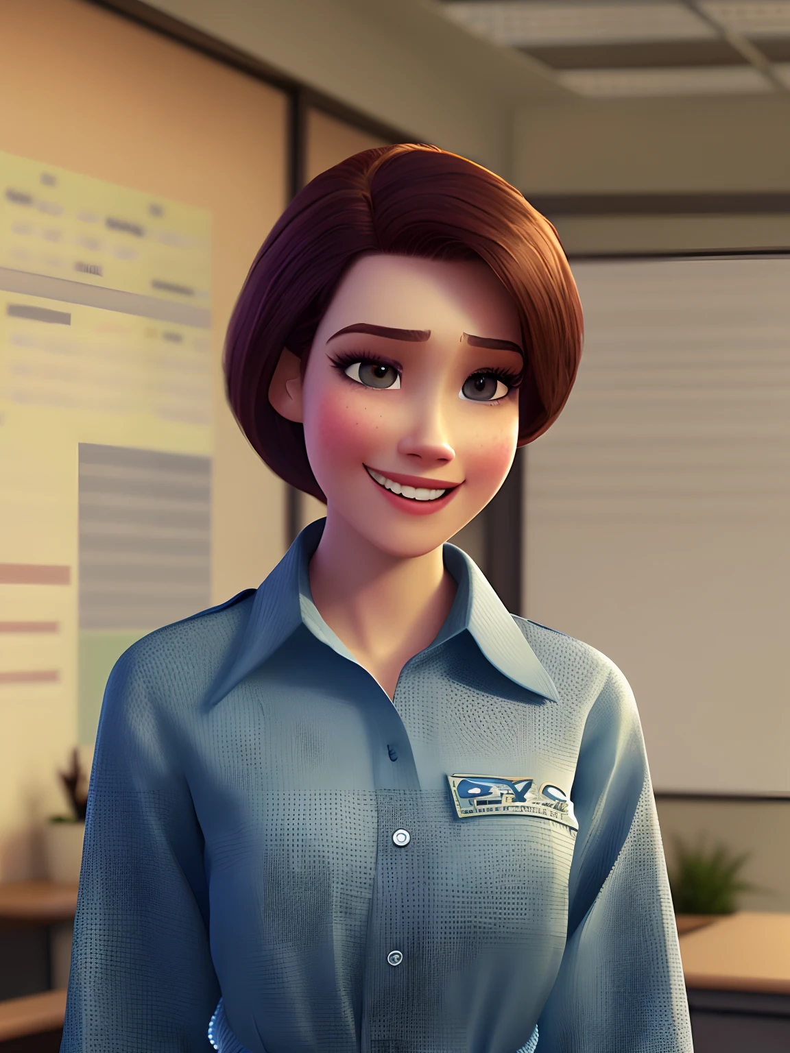 pixarstyle a waist-length portrait of a young woman in a office shirt, smile, office, natural skin texture, 4k textures, hdr, intricate, highly detailed, sharp focus, cinematic look, hyperdetailed