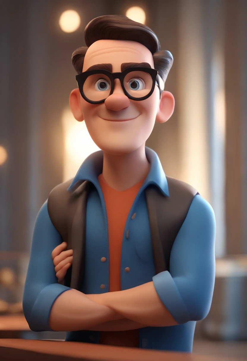 Cartoon character of a man wearing black glasses and a blue shirt, um personagem animado, Caractere estilizado, animation style rendering, 3D estilizado, Arnold Maya render, 3 d render stylized, toon render keyshot, Personagem 3D, Personagem 3D, 3d rendering stylized, 3 d character render, personagem de desenho animado, Personagem de close up, Pose de personagem, (Estilo Pixar) (master part:1.2) (Bokeh) (best quality) (pele detalhada) (textura detalhada) (8k) (argila) (Cinematic lighting) (foco nítido,Senta e vaza a parte superior do corpo