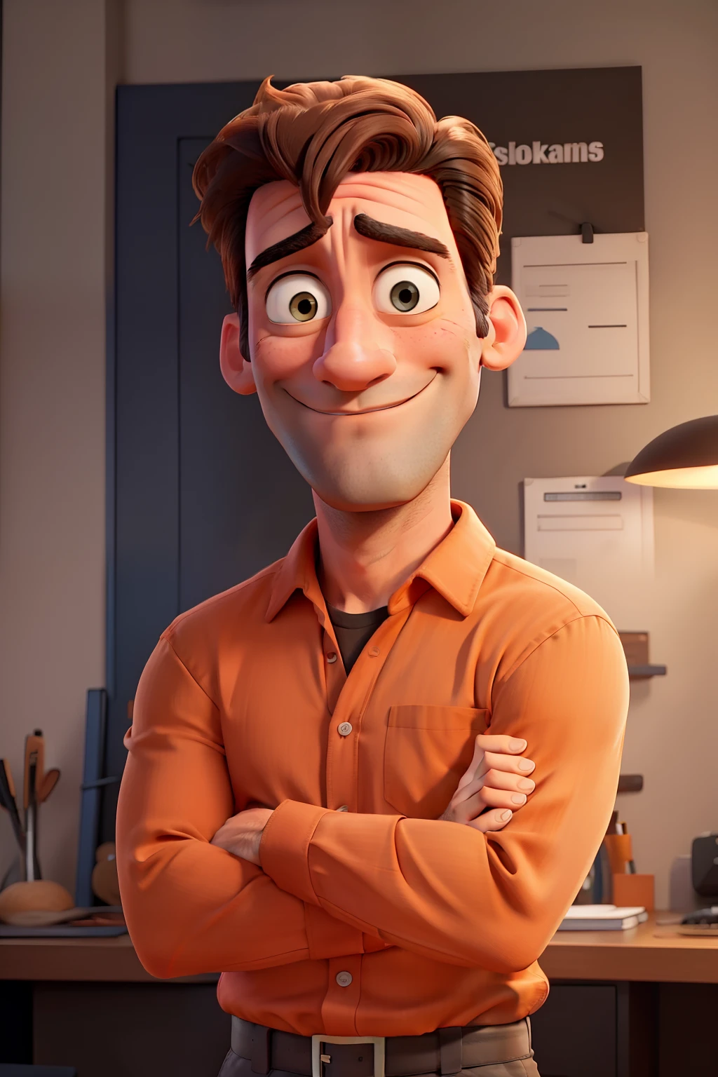 Jon Hamm, Cartoons in orange shirt and black pants, arms crossed, olhando para frente e sorrindo com os dentes aparecendo;