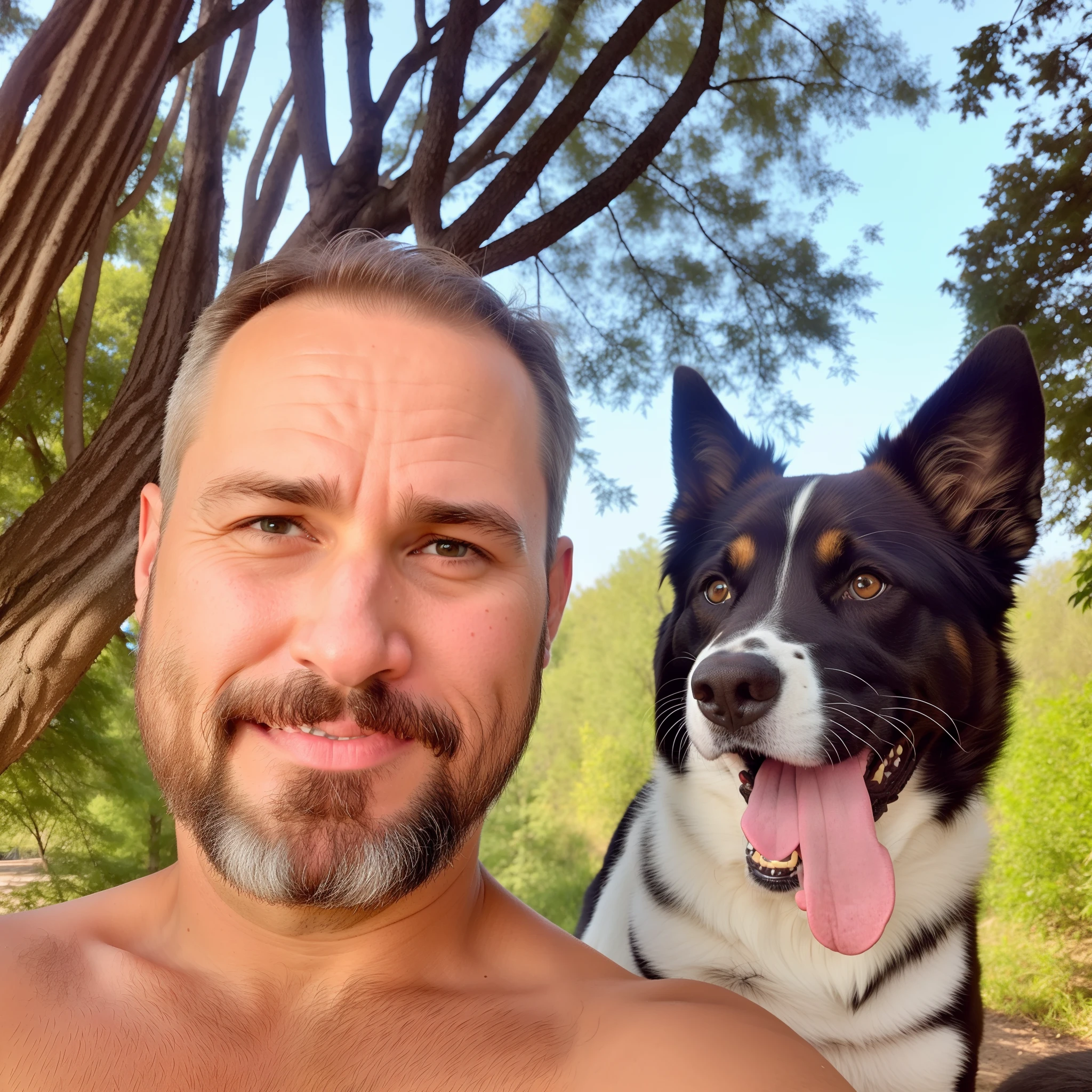 Face of a 40 year old man with and next to his face of his happy dog
