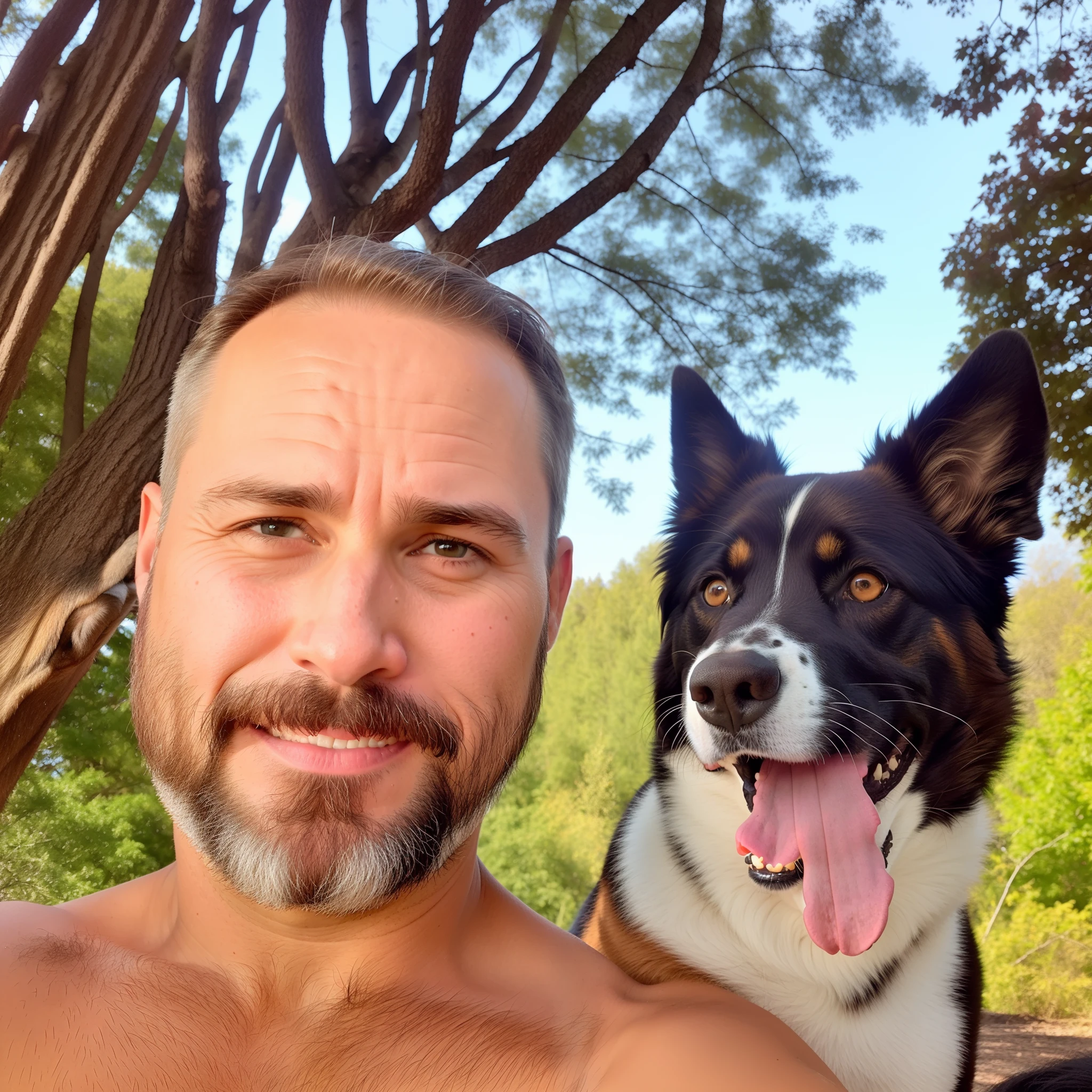 Face of a 40 year old man with and next to his face of his happy dog