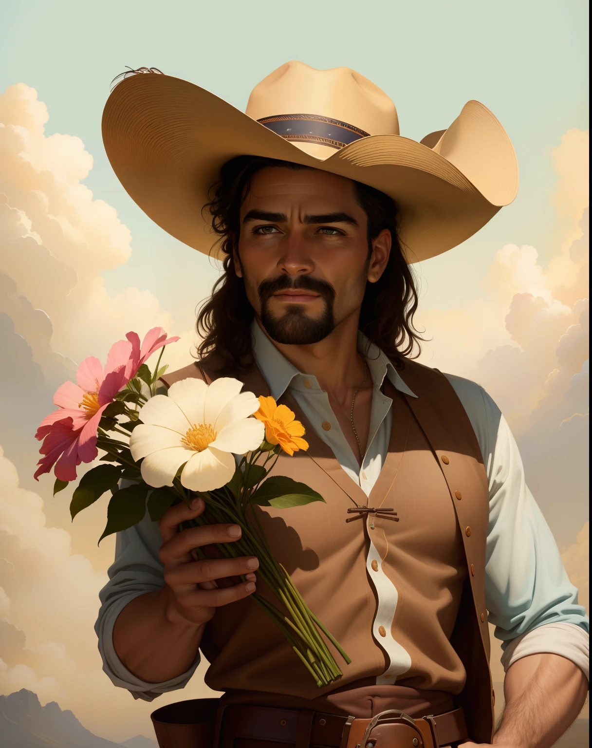 Painting of a man in a cowboy outfit holding a bouquet of flowers, Vaquero mexicano, Retrato de um cowboy, inspirado em Michael Malm, Directed by: Michael Malm, Arte ocidental, Directed by: Tom Lovell, retrato do cowboy, Retrato de Danny Gonzalez, Directed by: Jon Whitcomb, Clyde Aspevig, inspirado em Thomas Blackshear, Directed by: Richard Sedlon, capa de romance
