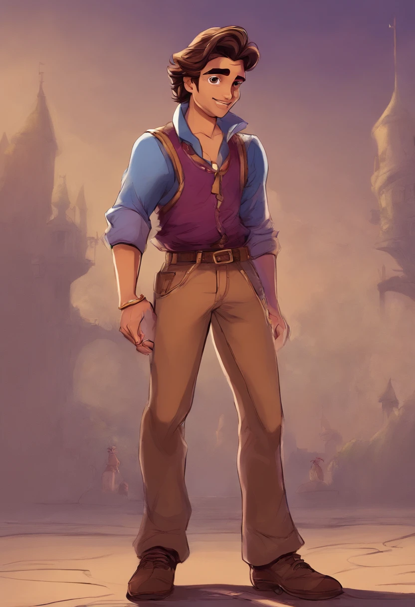 Desenho no estilo disney 2d. quero que desenhe no estilo disney um casal na frente de uma pista de boliche. ele esta do lado esquerdo e ela do direito e ele esta abracando ela com o braco direito. He's much taller, esta sorrindo e usa barba. usa camisa marrom e calca bege e tenis. ela esta com uma blusa lilas, com a cabeca levemente inclinada para tras, sorrindo. ela esta usando uma calca jeans clara rasgada e sandalias.I want disney's 2d styleher hair is straight, abaixo dos ombros, castanho bem escuro. His is also dark. They're both standing