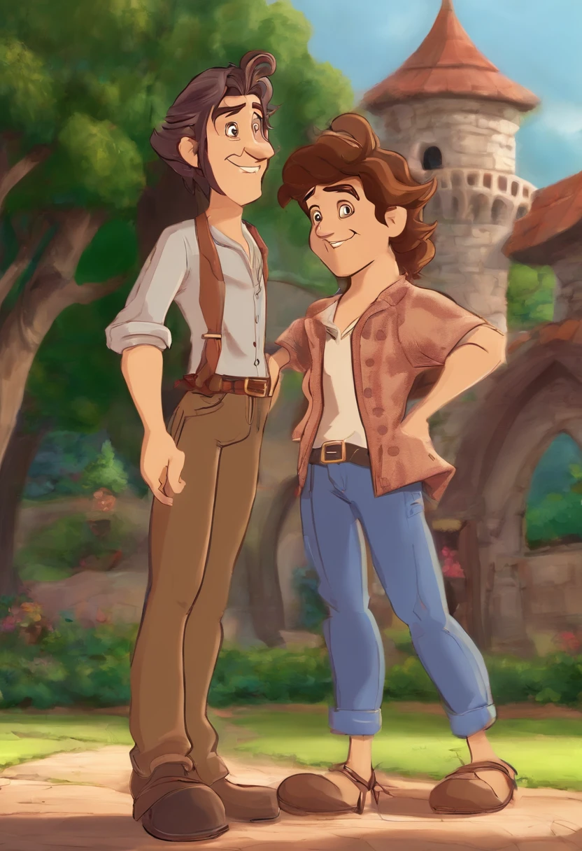 Desenho no estilo disney 2d. quero que desenhe no estilo disney um casal na frente de uma pista de boliche. ele esta do lado esquerdo e ela do direito e ele esta abracando ela com o braco direito. He's much taller, esta sorrindo e usa barba. usa camisa marrom e calca bege e tenis. ela esta com uma blusa lilas, com a cabeca levemente inclinada para tras, sorrindo. ela esta usando uma calca jeans clara rasgada e sandalias.I want disney's 2d styleher hair is straight, abaixo dos ombros, castanho bem escuro. His is also dark. They're both standing