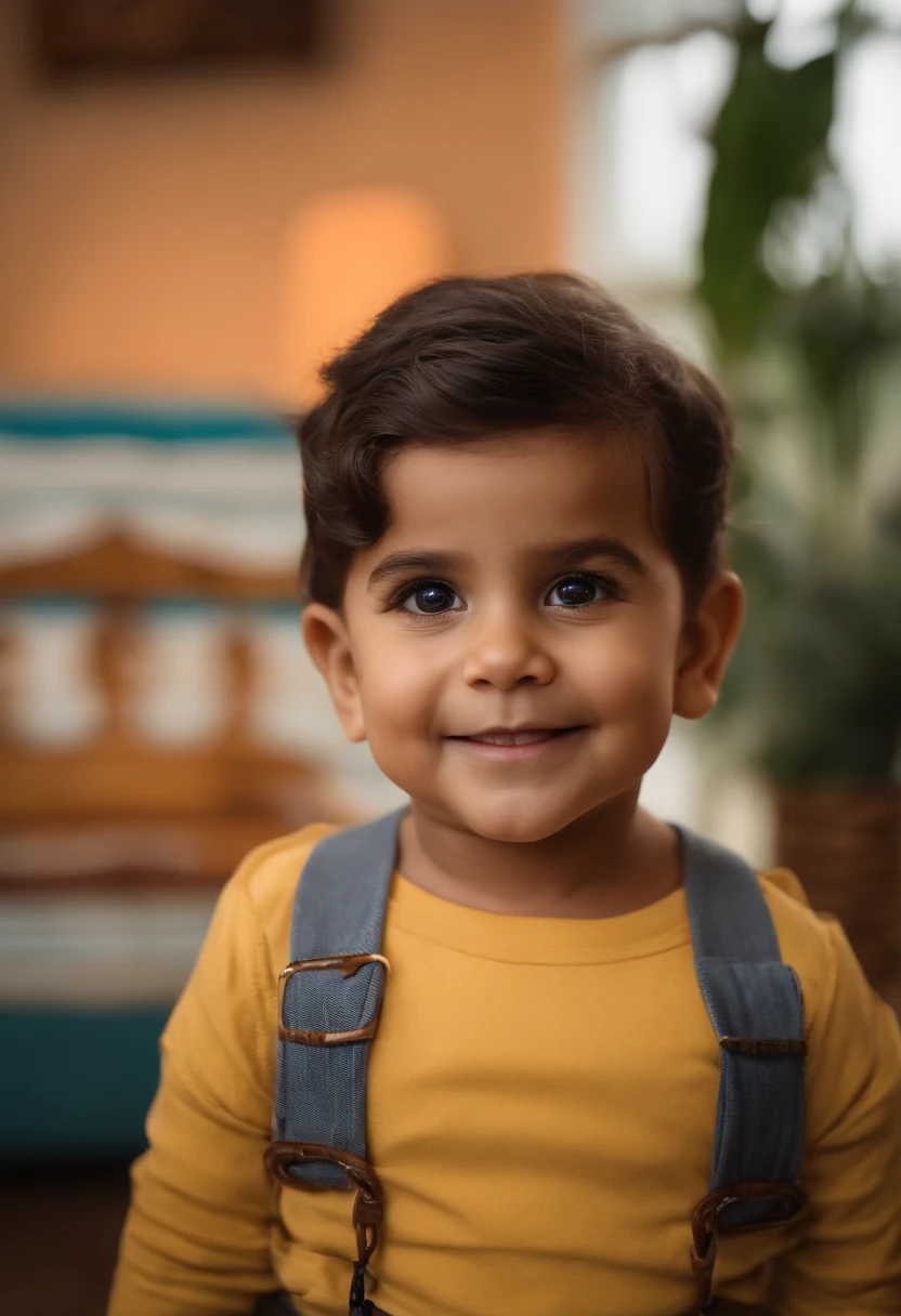 : Miguel, aproximadamente 5 anos de idade, cabelo curto estilo Disney, olhos castanhos e sorrisos. garota: Giovana, 2 anos, longos cabelos pretos e olhos azuis. scenecy: Miguel and Giovana are in a cozy little house in the valley, ao fundo um dia ensolarado, Destacando o Sol.