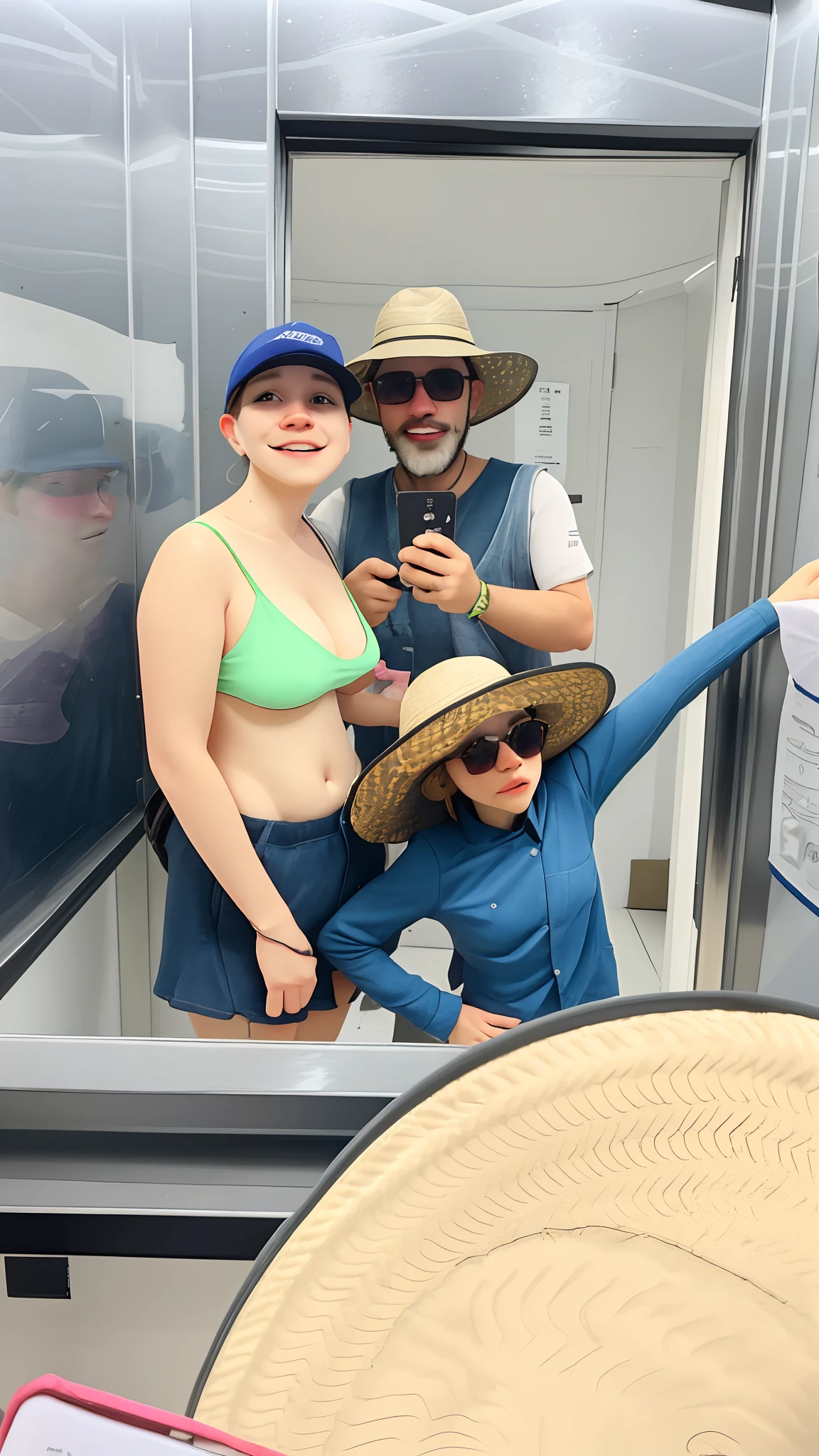 There are two people standing in a room with a mirror, marido esposa e filho, wearing a travel hat, vacation photo, wearing a silly hat, wearing sunglasses and a hat, imagem de perfil, foto de perfil, usando roupas sujas de viagem, Directed by: Lisa Milroy, competition winning, Directed by: Meredith Dillman, grupo de pessoas em um elevador, Postagem no Reddit, with a weird hat