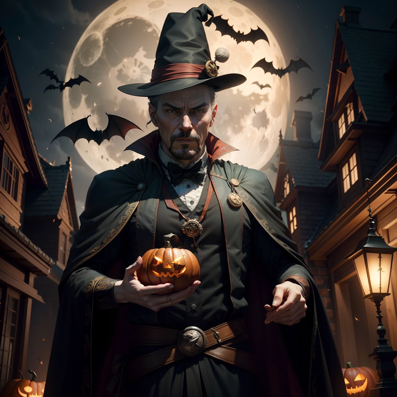 Dr. Strange wears a Halloween hat....,(master-piece,bestquality:1.2),Best Lights,best shadows,Show background, . . . . . . . . . . . . . . .bat,full big moon,Old House,stylized 3d render