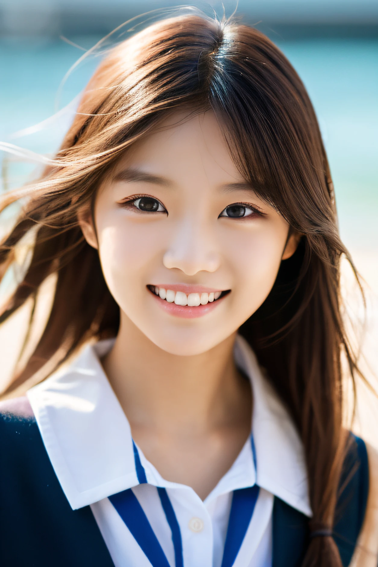 1 Girl in the beach at noon、walking in the street、Walking、Gaze to the side、A delightful、Beautie、Tremendously beautiful、dual、A slender、a smile、The long-haired, high quality image, high resolution in detail, try-x, ISO1600, super realistic photo, fine skins, fine hair, 135mm lens, bust shot, school uniform, realistic eyes, realistic teeth, bare waist