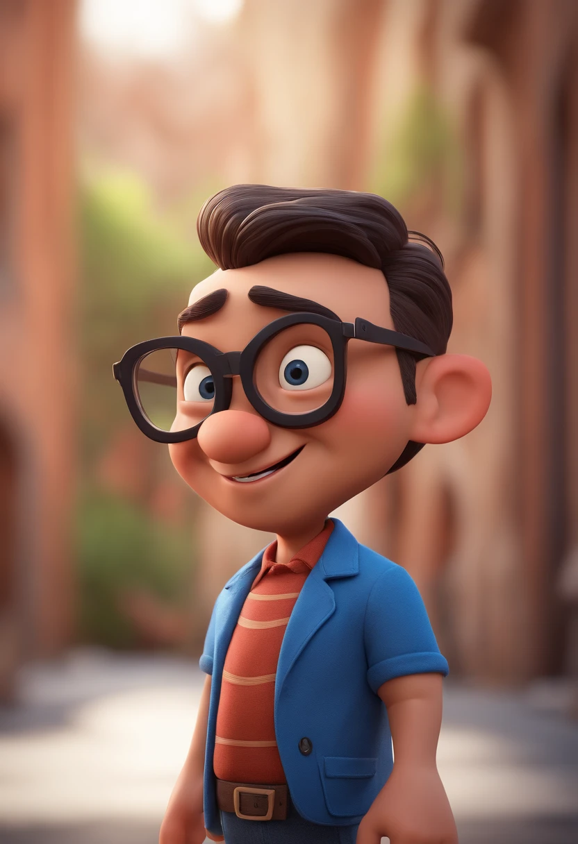 Cartoon character of a man with black glasses and a blue shirt, animation character, Caractere estilizado, animation style rendering, 3D estilizado, Arnold Maya render, 3 d render stylized, toon render keyshot, Personagem 3D, Personagem 3D, 3d rendering stylized, 3 d character render, personagem de desenho animado, Personagem de close up, Pose de personagem,  (Estilo Pixar) (master part:1.2) (Bokeh) (best quality) (pele detalhada) (textura detalhada) (8k) (argila) (Cinematic lighting) (foco nítido