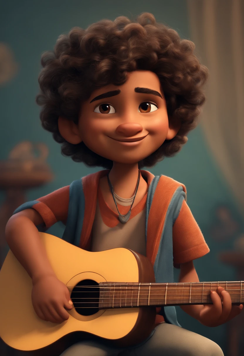 crie um banner no estilo Pixar. A boy with Indian features, moreno pardo com cabelos curtos, Castanhos escuros, Curly and slightly grayish appearance, mas jovem, usando uma camiseta, Wearing jeans and holding a classical guitar with 7 strings.