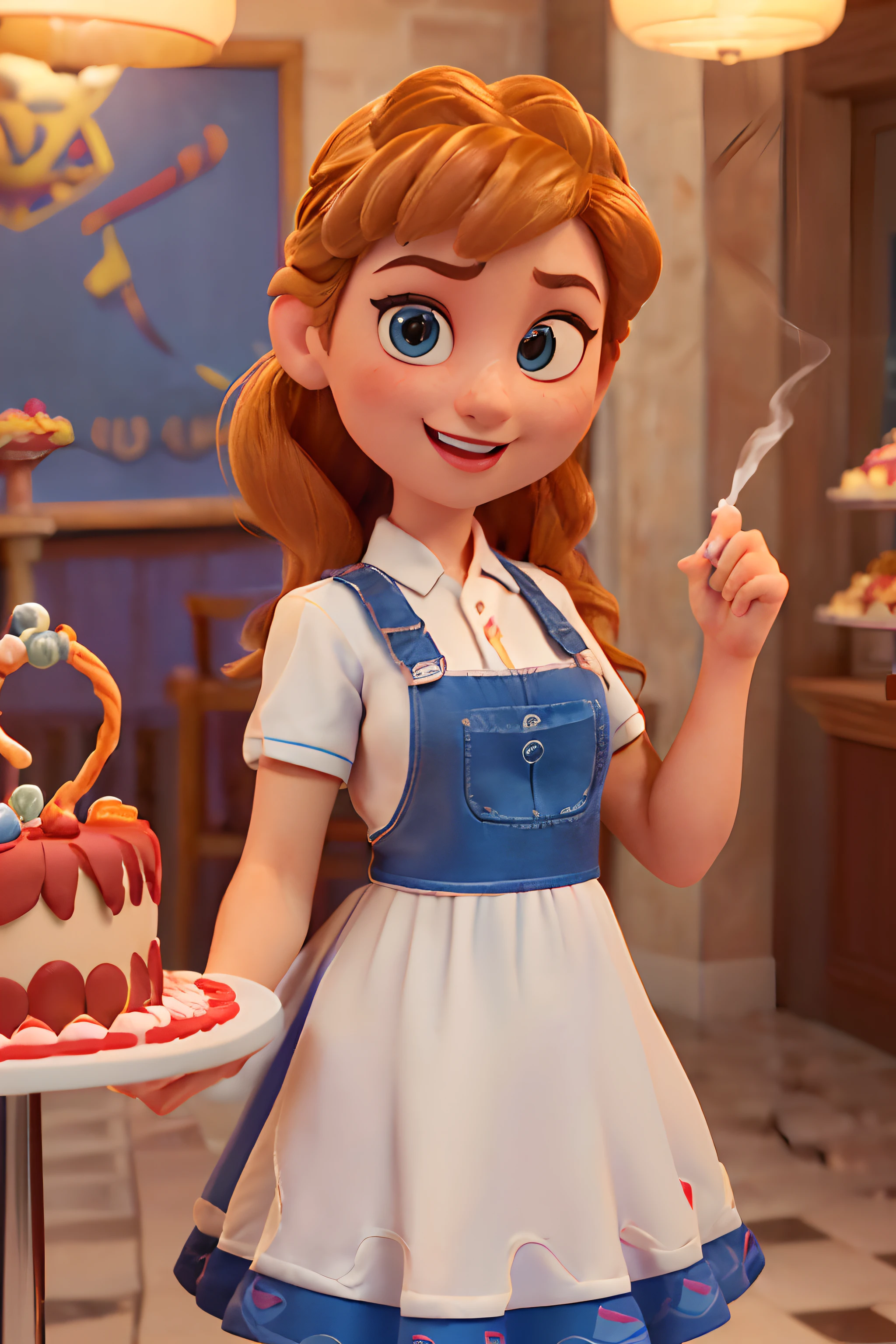 (Pixar-style poster of a cute girl seen from the front in a white chef's uniform, Smiling and showing a decorated medium cake. playful face, (com cabelos castanhos lisos, pele de mulher de meia idade, queixo pequeno, queixo curto. expression of laughter, exaggerated expression , （Perfect Correct Hand） ，（Smoke gas: 1.37） Cinematic background of the interior of a confectionery shop, Fotos de alta qualidade, 3D Studio Photos, (lots of smoke: 1.2), fotografia em close-up, Traces clear facial features, arte conceitual do personagem, exagero,