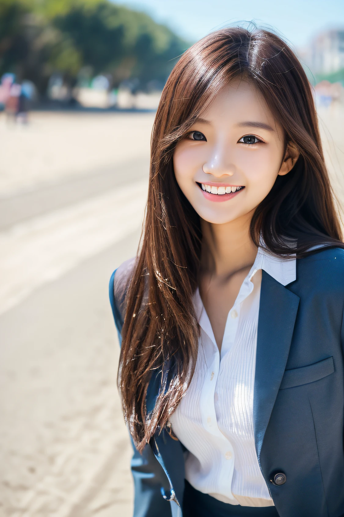 1 Girl in the beach at noon、walking in the street、Walking、Gaze to the side、A delightful、Beautie、Tremendously beautiful、dual、A slender、a smile、The long-haired, high quality image, high resolution in detail, try-x, ISO1600, super realistic photo, fine skins, fine hair, 135mm lens, bust shot, school uniform, realistic eyes, realistic teeth, bare waist