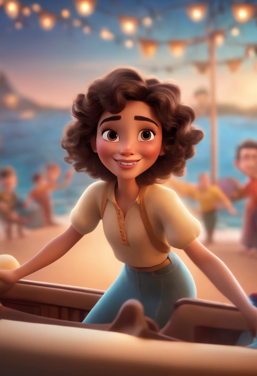 Pixar style image with 3D character white glasses brunette woman short curly hair dancing, Maquiagem Disney,Pescador, bonitinho, sorridente ,Close-up, Pixar, Disney, Cinema lighting,