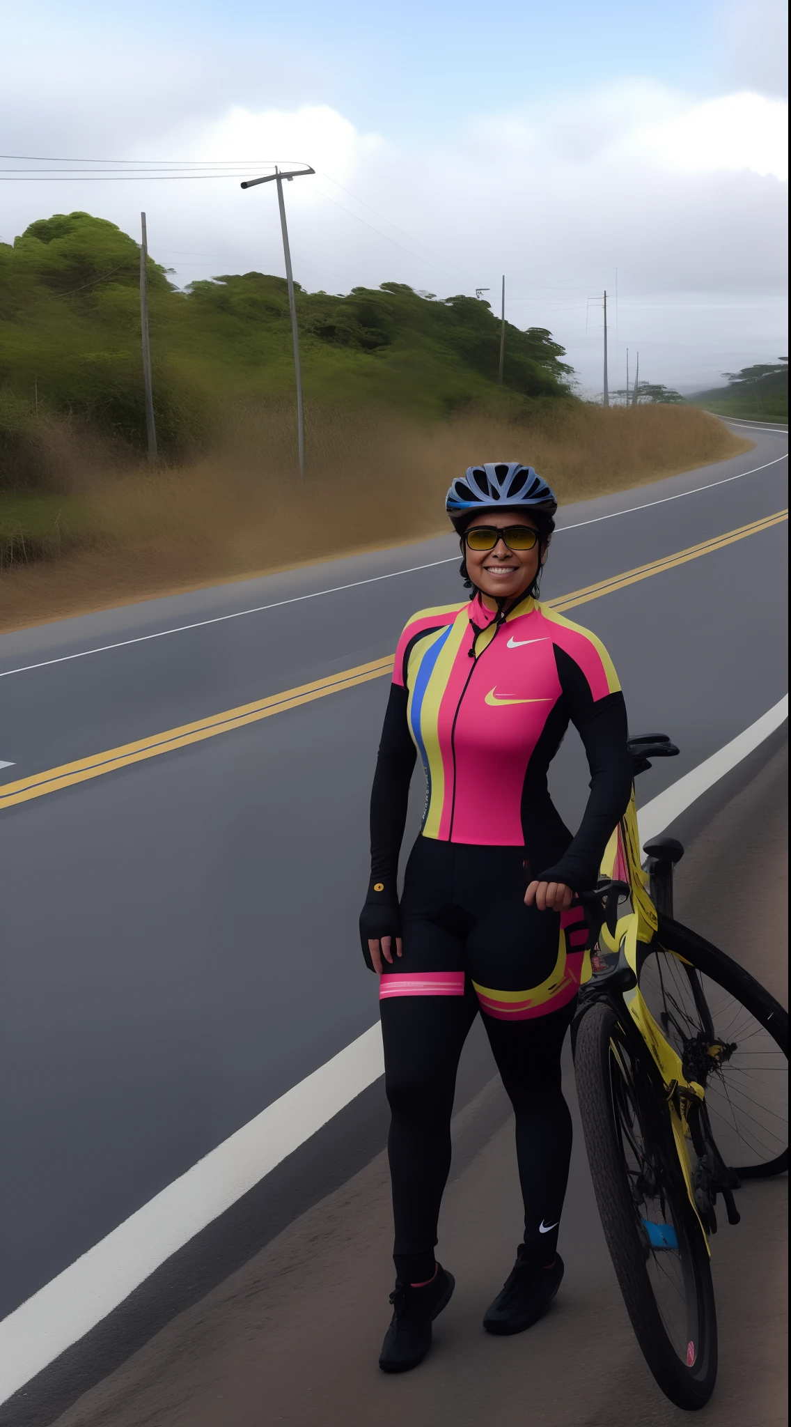 There's a woman next to a bicycle on the side of the road, ciclismo!!, with neon visor, comprimento de corpo inteiro, Fato de ciclismo Nike, standing bravely on the road, Karla Ortiz, tiro de comprimento total, motociclista, tiro frontal completo, Andar na estrada, imagem de uma loira colombiano, Fechar tiro de corpo inteiro, tiro de comprimento de corpo inteiro, em detalhe