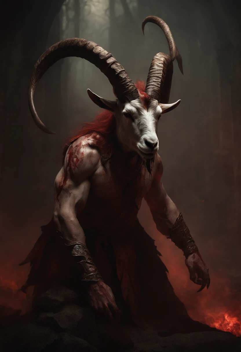 a goat-headed demon with large horns, strong and strong upper body, demon skins, skins, ((claws, wings)), demonic armor, blood splatters, skulls on the ground, standing in a blood ritual, medieval, dark room, dim light, masterpiece, realistic, oil painting