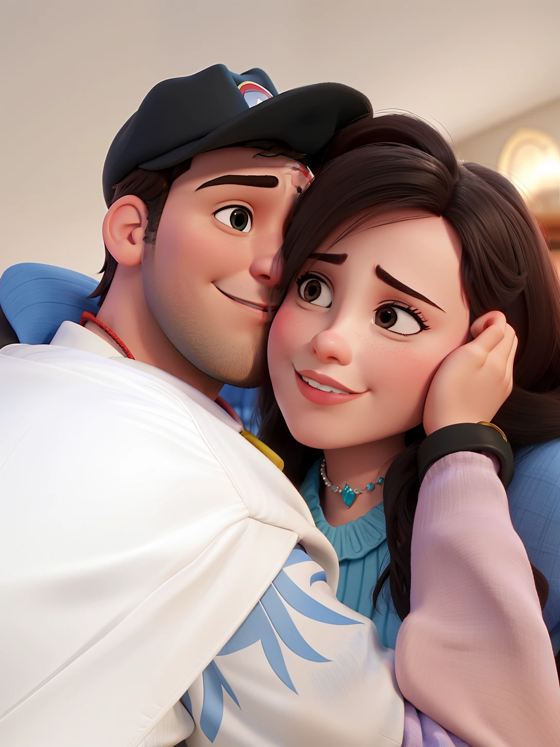Casal feliz igual filme da Disney. Namorado beijando o rosto da namorada envergonhada.