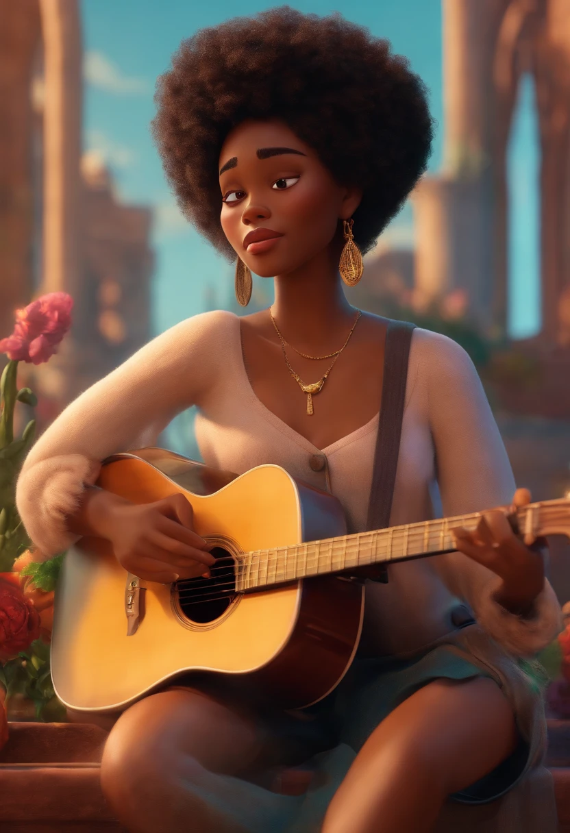 A straight-haired black singer with bangs with acoustic guitar looking at a dream project inspired by Pixar animation, de perto. The character takes center stage with captivating expressions
