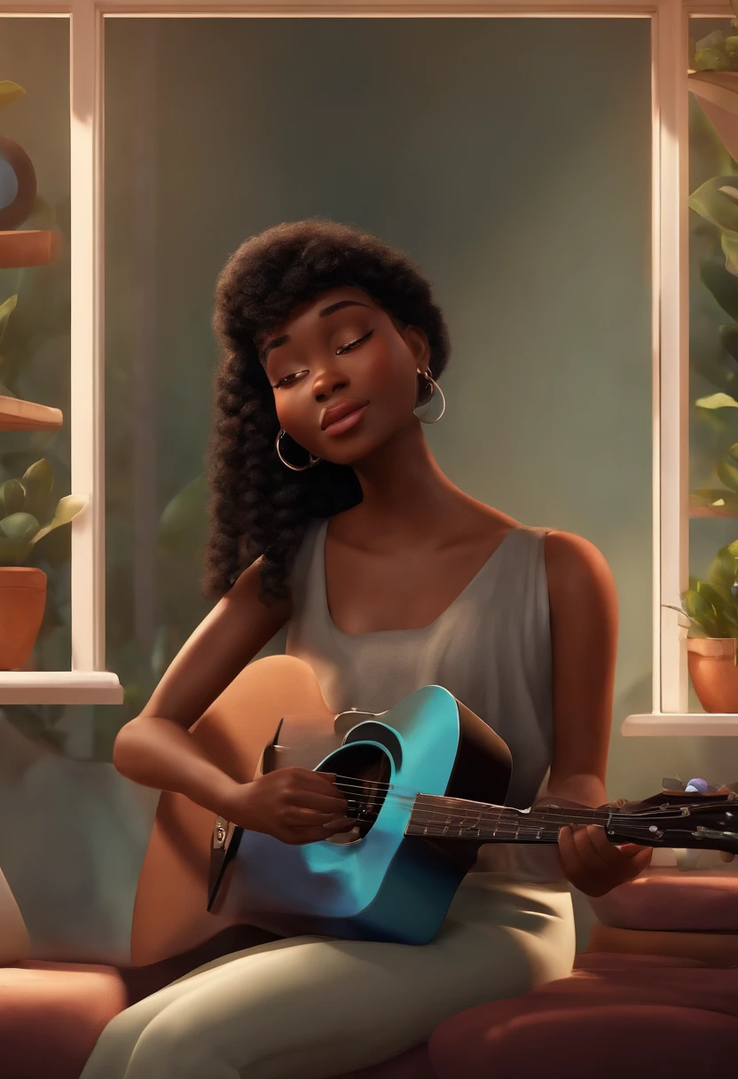 A straight-haired black singer with bangs with acoustic guitar looking at a dream project inspired by Pixar animation, de perto. The character takes center stage with captivating expressions