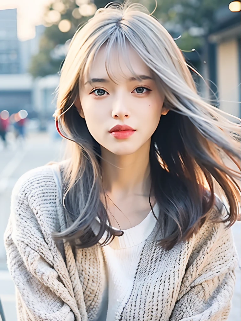 mix4,(top-quality), (Photorealsitic),(Sunset background:1.2), 1womanl, , High Detail Face,、 (8K)、(Sexy hairstyles:1.5)、(Long hair:1.6)、((Seductive hairstyles))、Strong eyes、Delicate and realistic skin and hair、(cowboy shot:1.5)、(bleached, Very thin pale silver hair:1.5)、(Less hair:1.5)、adultlike face、Looking here、(Winter clothes:1.5)、inner colored、1 persons、Dramatic、Twisting the body、Beautiful body lines、(mode:1.8)、Cool、(Sharp eyes:1.5)、(Natural Makeup 1.8)、(Light hair color close to white:1.8)、(Long-sleeved clothing:1.5)