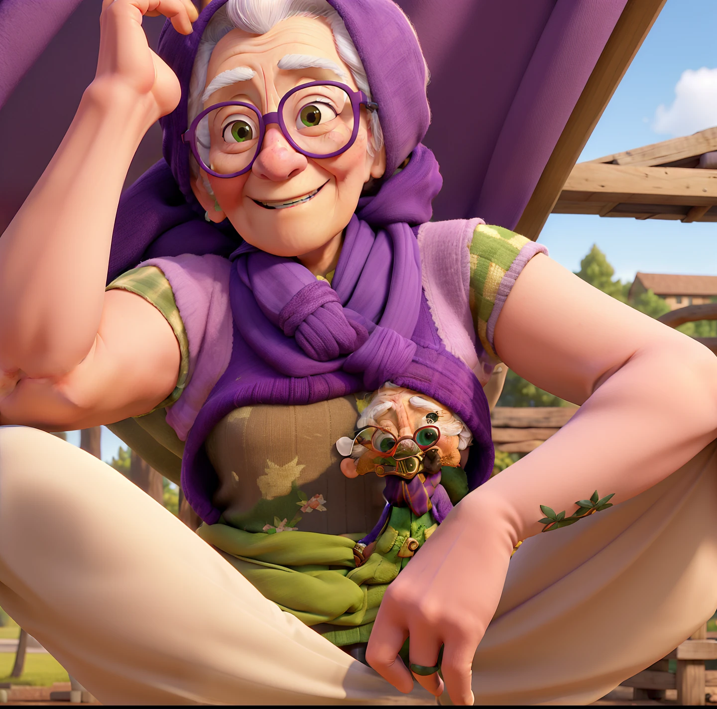 masterpiece, best quality, an old woman with glasses and a scarf on, wearing a purple coat and green scarf, standing at the park