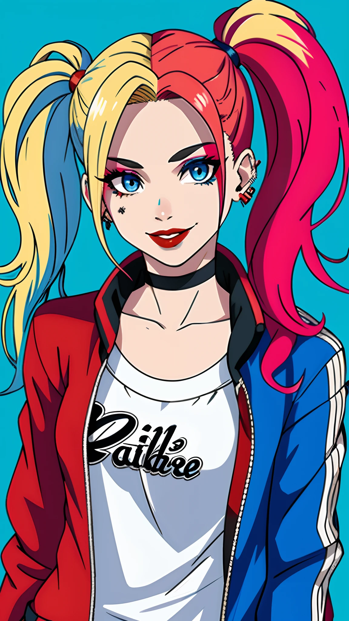 masterpiece, best quality, high quality, 1girl, solo,
harley quinn, twintails, smile, blue eyes, blonde hair, jacket, multicolored clothes, blue hair, looking at viewer, makeup, multicolored hair, multicolored jacket, simple background, shirt, blue background, open jacket, upper body, earrings, gradient hair, jewelry, open clothes, collarbone, long hair, red lips, blue jacket, red jacket, red hair, lipstick, long sleeves, multicolored shirt, pink hair, clothes writing, upper body, medium breasts,