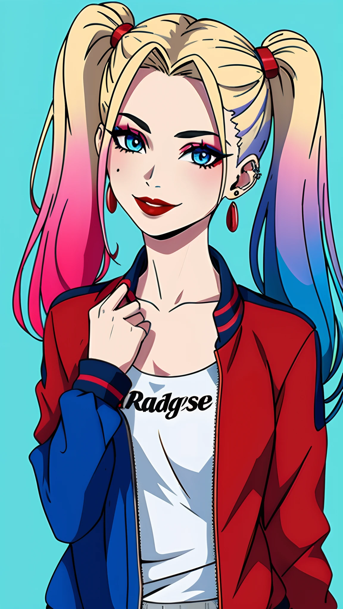 masterpiece, best quality, high quality, 1girl, solo,
harley quinn, twintails, smile, blue eyes, blonde hair, jacket, multicolored clothes, blue hair, looking at viewer, makeup, multicolored hair, multicolored jacket, simple background, shirt, blue background, open jacket, upper body, earrings, gradient hair, jewelry, open clothes, collarbone, long hair, red lips, blue jacket, red jacket, red hair, lipstick, long sleeves, multicolored shirt, pink hair, clothes writing, upper body, medium breasts,