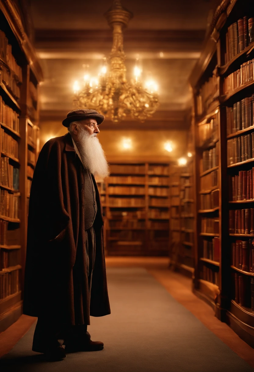 A wise old man standing in front, illuminated by the light of a lamp, against the backdrop of a library