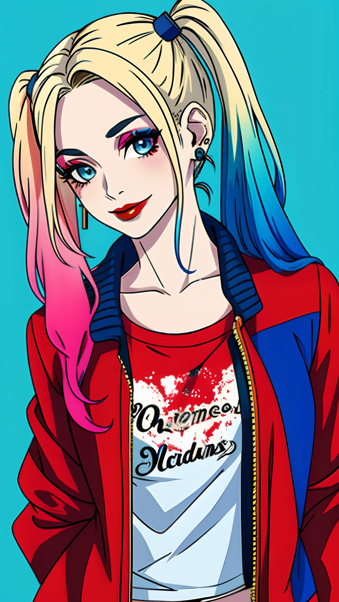 masterpiece, best quality, high quality, 1girl, solo,
harley quinn, twintails, smile, blue eyes, blonde hair, jacket, multicolored clothes, blue hair, looking at viewer, makeup, multicolored hair, multicolored jacket, simple background, shirt, blue background, open jacket, upper body, earrings, gradient hair, jewelry, open clothes, collarbone, long hair, red lips, blue jacket, red jacket, red hair, lipstick, long sleeves, multicolored shirt, pink hair, clothes writing, upper body, medium breasts,