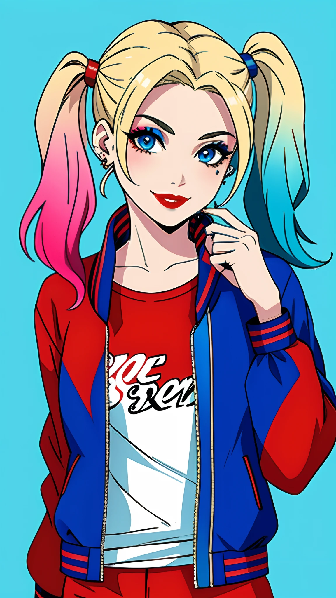 masterpiece, best quality, high quality, 1girl, solo,
harley quinn, twintails, smile, blue eyes, blonde hair, jacket, multicolored clothes, blue hair, looking at viewer, makeup, multicolored hair, multicolored jacket, simple background, shirt, blue background, open jacket, upper body, earrings, gradient hair, jewelry, open clothes, collarbone, long hair, red lips, blue jacket, red jacket, red hair, lipstick, long sleeves, multicolored shirt, pink hair, clothes writing, upper body, medium breasts,